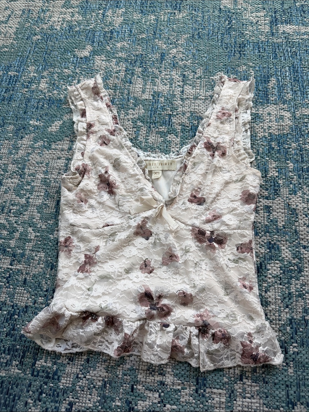 Lace Floral Ruffle V-Neck Camisole - White with Mauve Floral